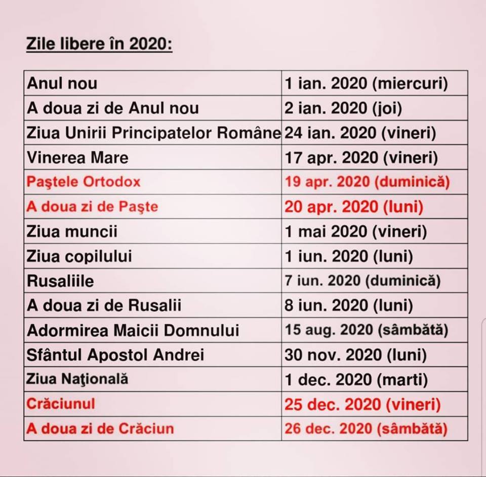 Calendar 2020 cu sarbatori legale Romania Zile libere 2020